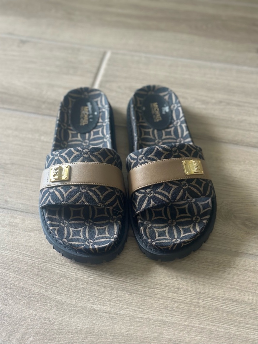 MICHAEL Michael Kors Padma Logo Slide Sandals, Brown, Gold